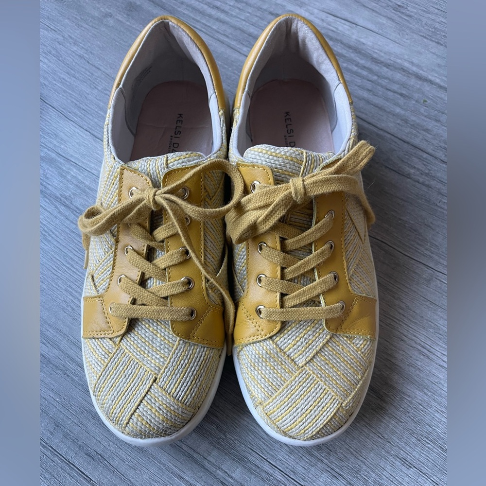 Kelsi Dagger Mustard/Yellow and Cream Fabric Basket woven sneakers.